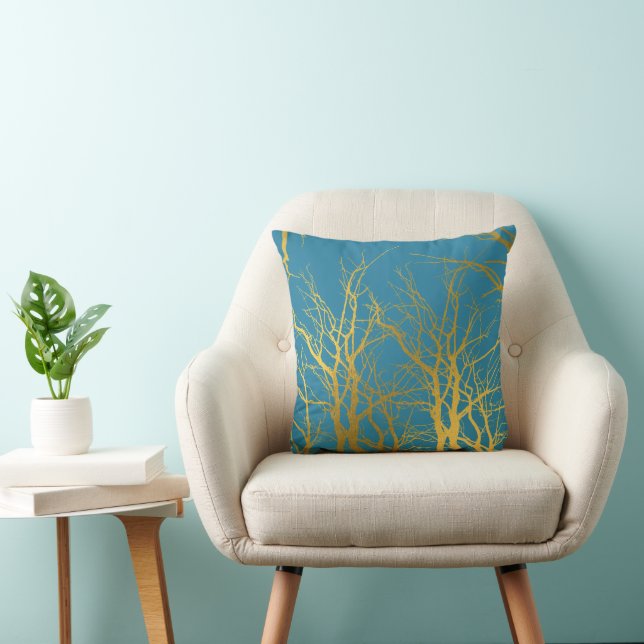 Coussin Branches Gold Tree Motif Arrière - plan bleu (Chaise)