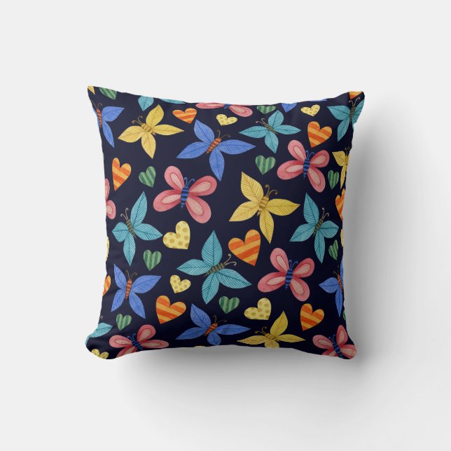 Coussin Bright Boho Butfly Motif sur Navy Blue (Recto)