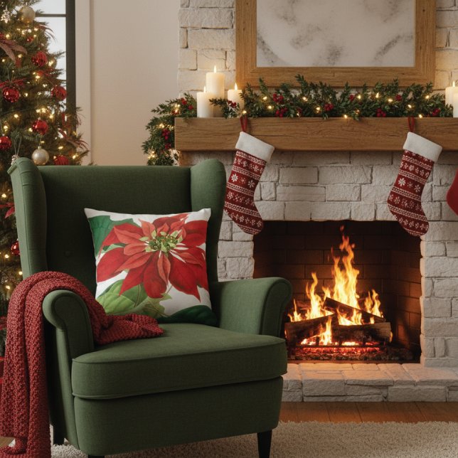 Coussin Brilliant Rouge Poinsettia Botanique (Créateur téléchargé)