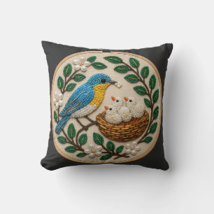Coussin Broderie d'art de nid de merlebleu perlé