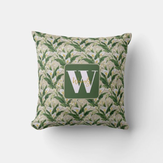 Coussin Broderie de lys calla blanc Monogramme floral (Recto)
