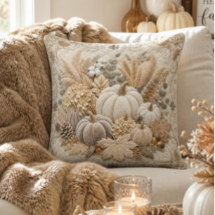 Coussin Broderie élégante de citrouille de récolte neutre