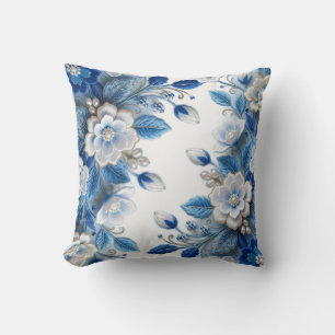 Coussin Broderie Florale 3D en Soie Bleue Faite à la Main