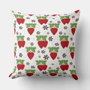 Coussin Broderie fraise sur fond blanc rétro 