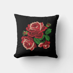 Coussin Broderie Imprimé Rose Rouge Feuilles Vertes Floral