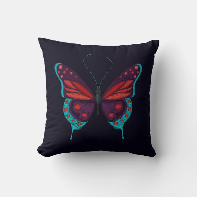 Coussin Broderie Imprimer Rouge Bleu pourpre Papillon noir (Recto)
