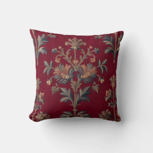 Coussin broderie medievale fleurie en rouge bordeaux