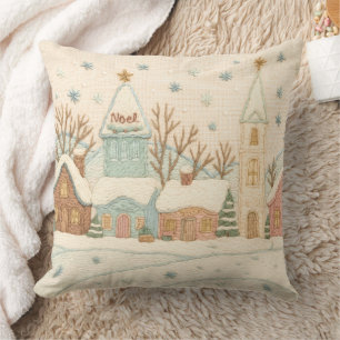 Coussin Broderie Noël Snowy Village scène