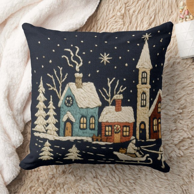 Coussin Broderie Noël Snowy Village Scène Bleu (Couverture)