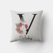 Coussin Broderie Rose Boho Floral Initiale V (Verso)