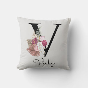 Coussin Broderie Rose Boho Floral Initiale V