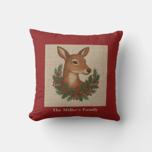Coussin Broderie rustique Deer & Holiday Greens noël