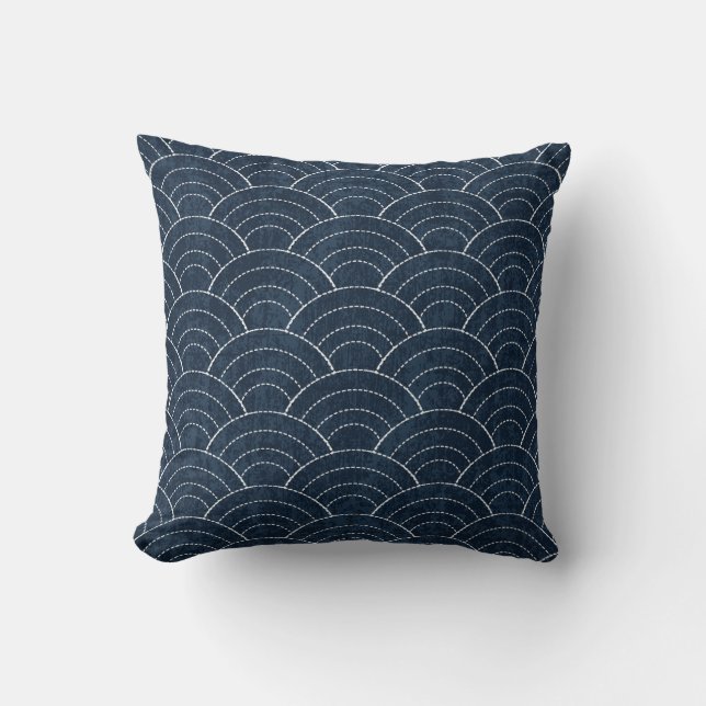Coussin Broderie Sashiko : Indigo Motif japonais. (Recto)
