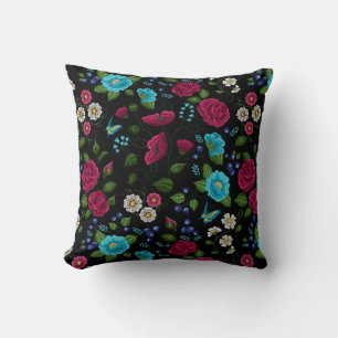 Coussin Broderie Style Populaire Fleurs Roses Bleues sur F