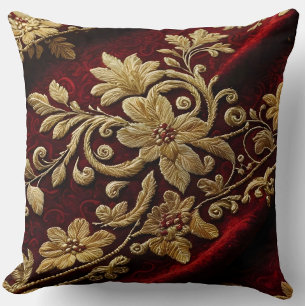 Coussin Broderie Texturée Vintage aspect Rouge Or Floral