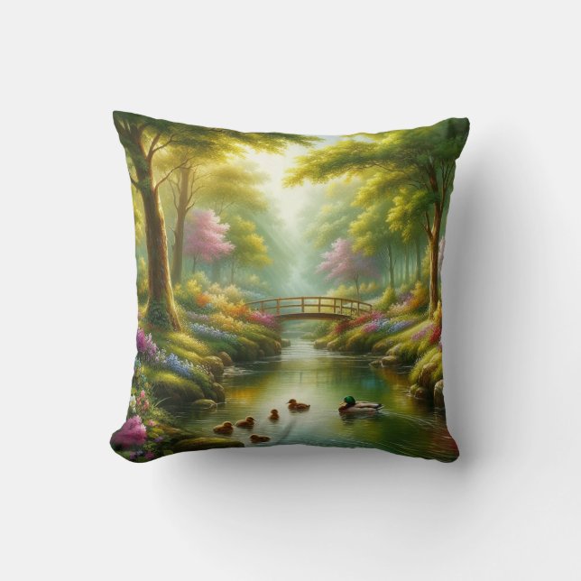 Coussin Brook de printemps avec canards/fleurs (Recto)