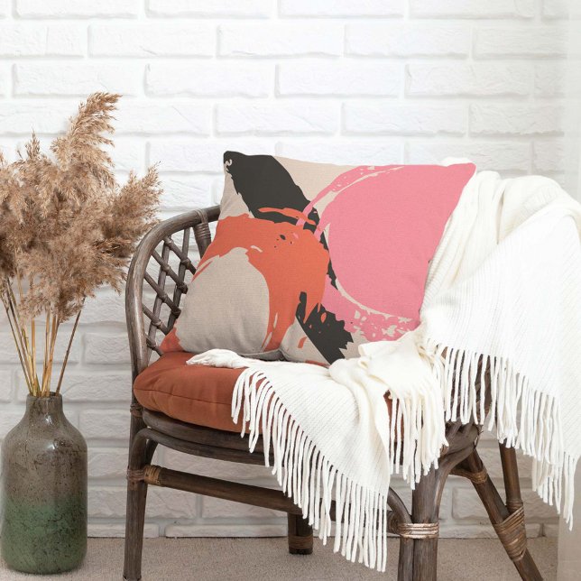 Coussin Brosse moderne - Rose, Pêche & Noir sur Beige (Créateur téléchargé)