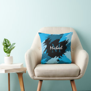 Coussin Brosse nuances de nom bleu avec monogramme