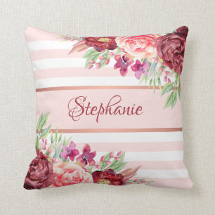 Coussin Brousse Bourgogne Flore Stripes Nom Monogramme