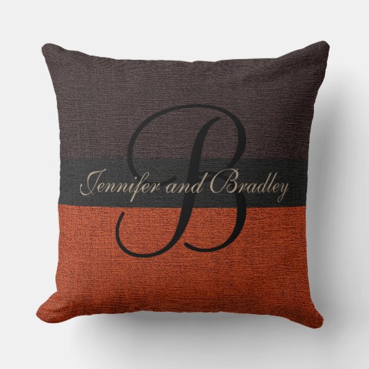 Coussin Brown et brique rouge Élégant Mariage Monogramme (Recto)