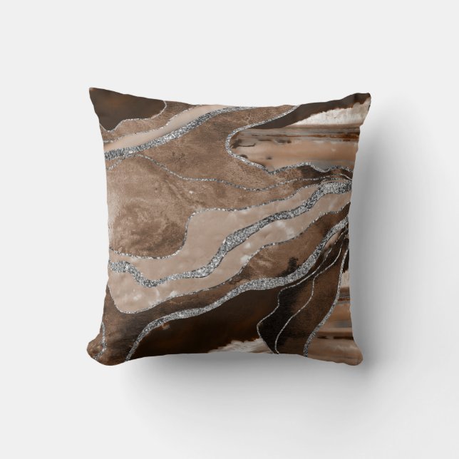 Coussin Brown Marbre Agate Parties scintillant argent Glam (Recto)