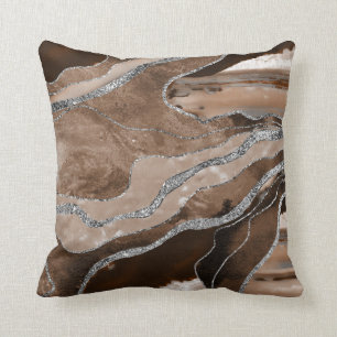 Coussin Brown Marbre Agate Parties scintillant argent Glam