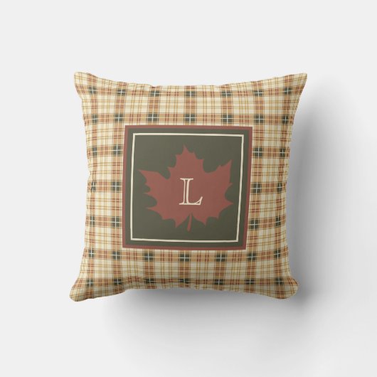 Coussin Brown Plaid Motif Automne Maple Leaf Monogramme (Verso)