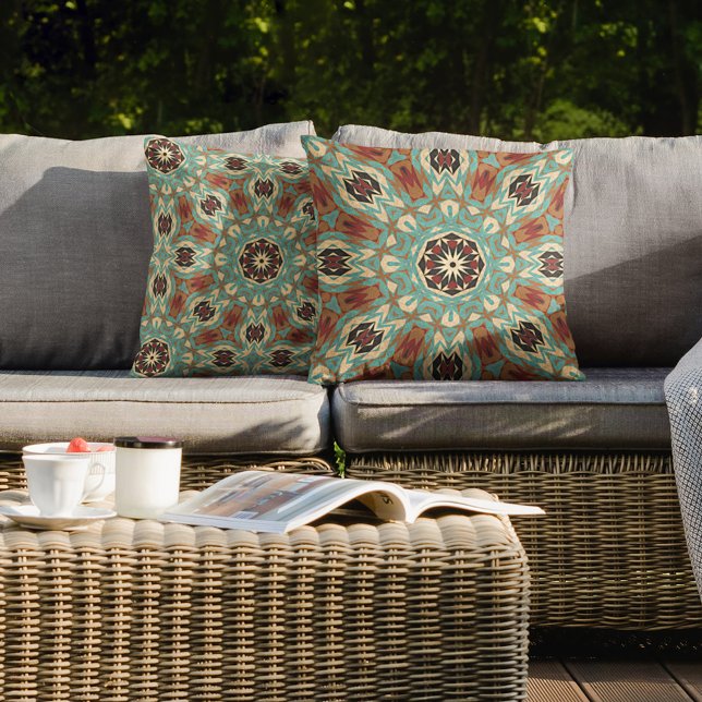 Coussin Brown Turquoise Rouge Orange Mandala (Créateur téléchargé)