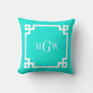 Coussin Brt Aqua Wht Clé Grecque #2 Cadre 3 Init Monogramm