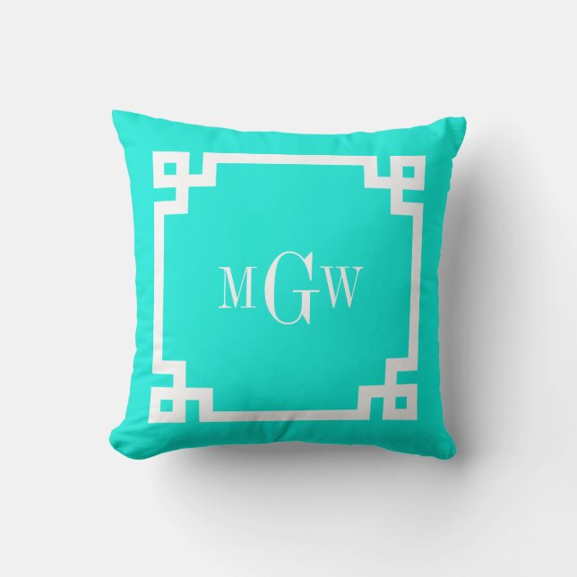 Coussin Brt Aqua Wht Clé Grecque #2 Cadre 3 Init Monogramm (Recto)
