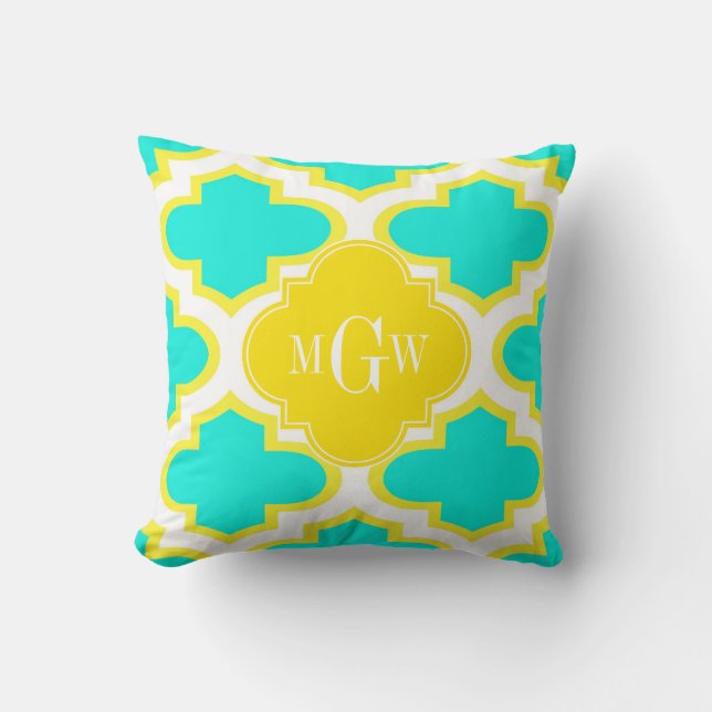 Coussin Brt Aqua Yellow What Quatrefoil 3 Monogramme initi (Recto)