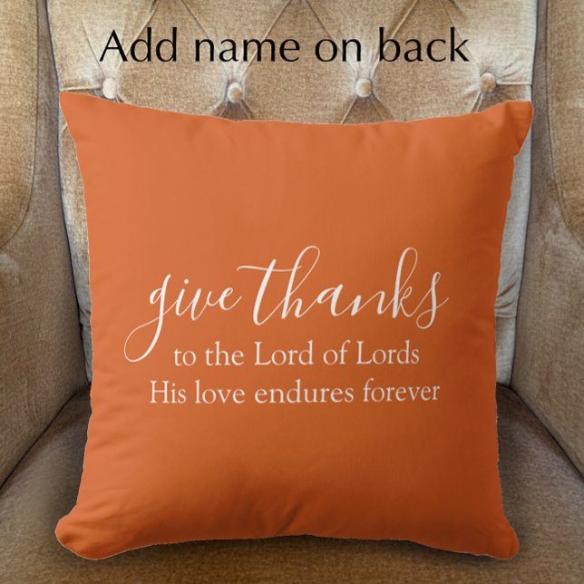 Coussin Brûlé Orange Donner Merci Script Personnalisé Déco (Burnt orange give thanks script Fall accent pillow. Custom scripture Thanksgiving home decor
)