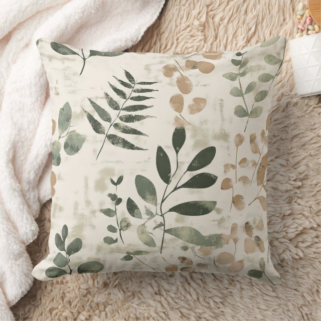 Coussin Brun doré rustique et feuilles vertes sur crème (Couverture)
