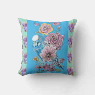 Coussin Budgie Budgerigar Rose Watercolor floral Cushion