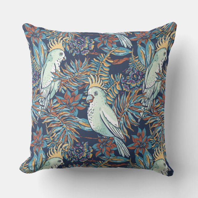 Coussin Budgie Rainforest Flowers Arrière - plan bleu feui (Recto)