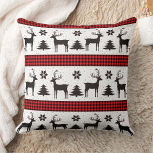 Coussin Buffalo Plaid Christmas Tree and Reindeer Motif