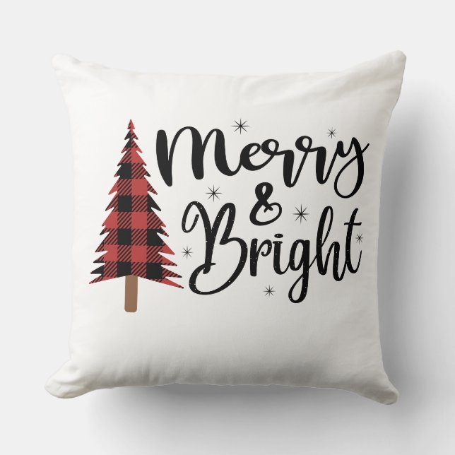 Coussin Buffalo Plaid Christmas Tree Joyeux et lumineux (Recto)