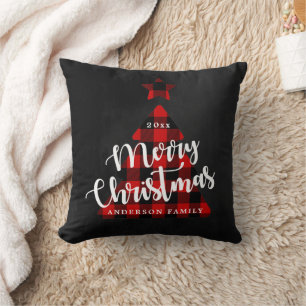 Coussin Buffalo Plaid Christmas Tree Whimsic Script