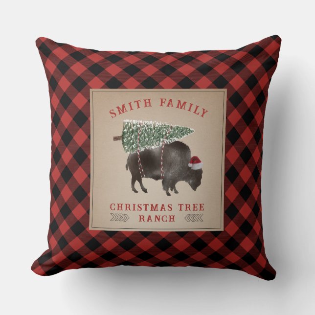 Coussin Buffle de bison de l'arbre de Noël Plaid (Recto)