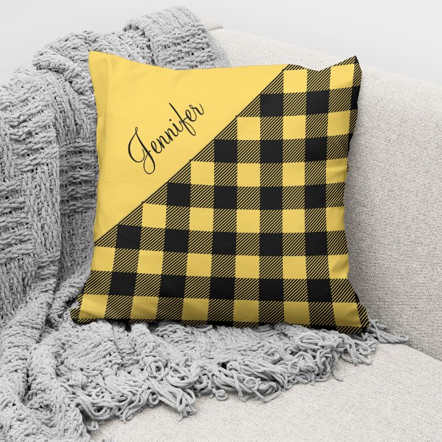 Coussin Buffle jaune moderne Chèque Motif Nom (Créateur téléchargé)