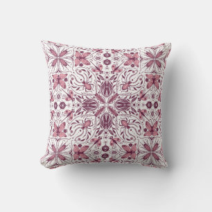Coussin Buissons, magenta foncé et rose sur blanc