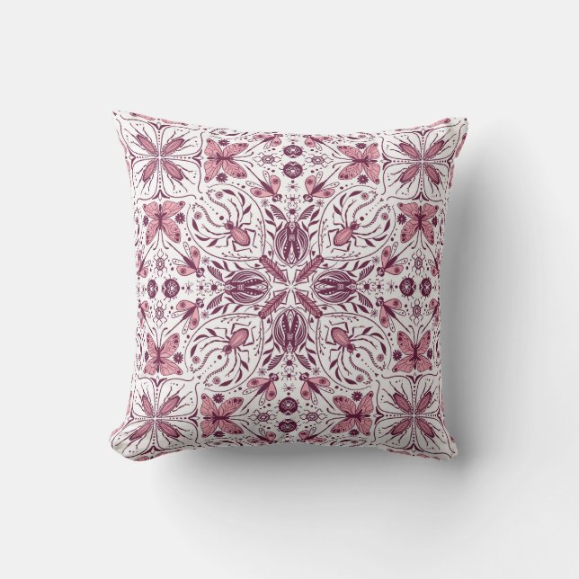 Coussin Buissons, magenta foncé et rose sur blanc (Recto)