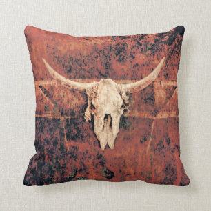Coussin Bull Skull Western Pays Brown Black Rustic Art