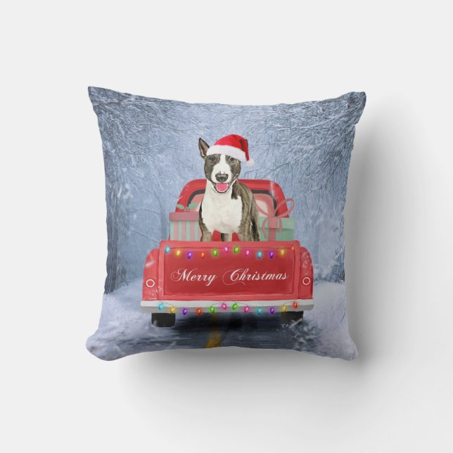 Coussin Bull Terrier Chien en Neige assis à Noël (Recto)