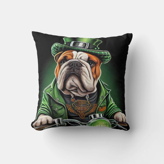 Coussin Bulldog Conduisant un Vélo la Saint-Patrick (Recto)