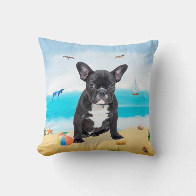 Coussin bulldog français sur la plage (Recto)
