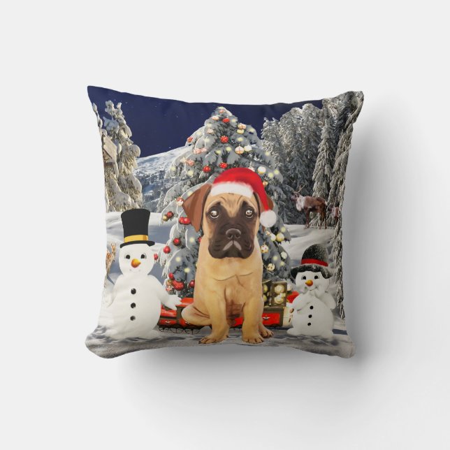 Coussin Bullmastiff Chien dans la neige Lumières Casquette (Recto)