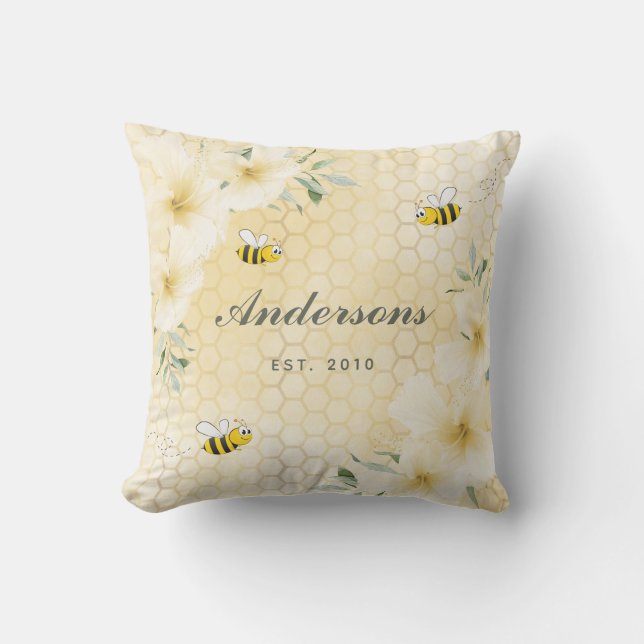 Coussin Bumble abeilles jaune nid d'abeille monogramme flo (Recto)