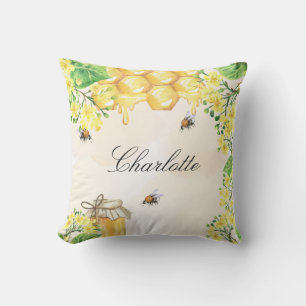 Coussin Bumble abeilles miel jaune nom floral script