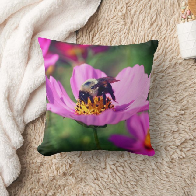Coussin Bumble Bee On Rose Cosmos Flower Close Up (Couverture)